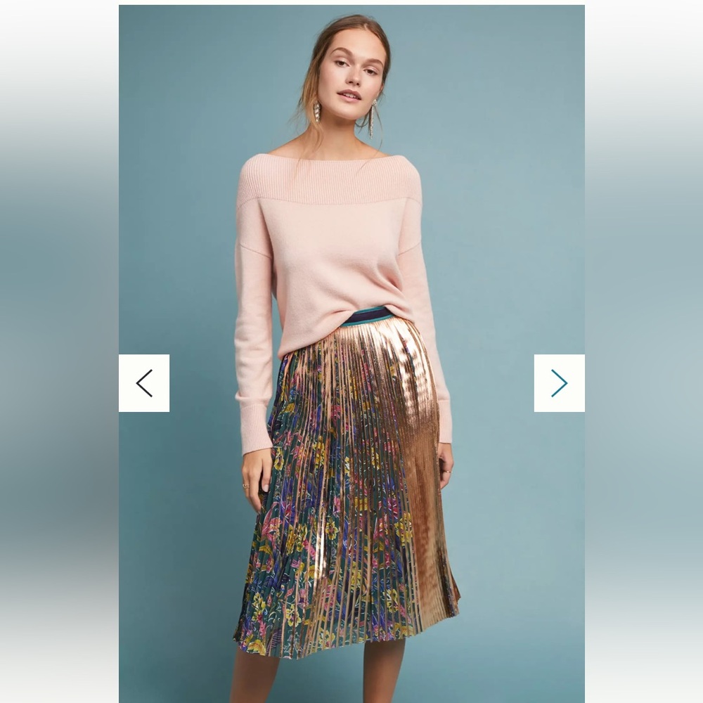 NWOT Anthropologie Maeve Pleated Printed Gold Floral Midi Knee Length Skirt 6 S - Picture 2 of 8